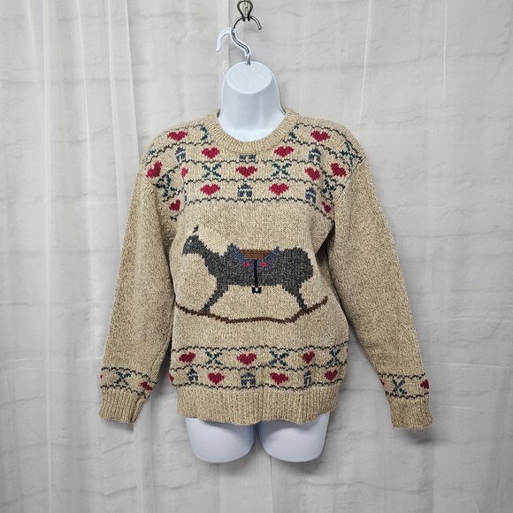Vintage Eddie Bauer Tan Wool Rocking Horse Sweater Preppy Cabincore M - Picture 1 of 11